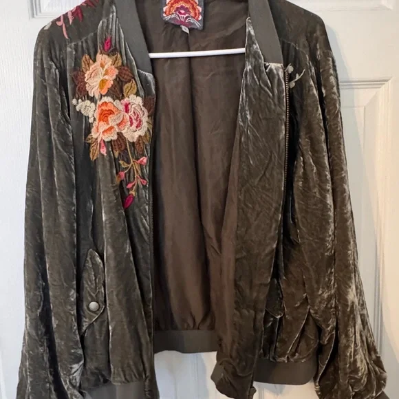 Johnny Was Olive Velvet Bomber Jacket with Floral Embroidery - Picture 2 of 5